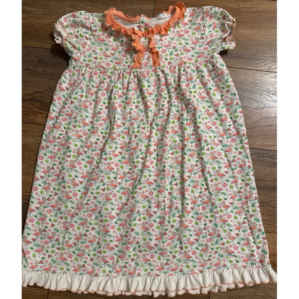 Baby Loren Size 7 Orange Pink Flamingo Pima Cotton Ruffled Nightgown LNC